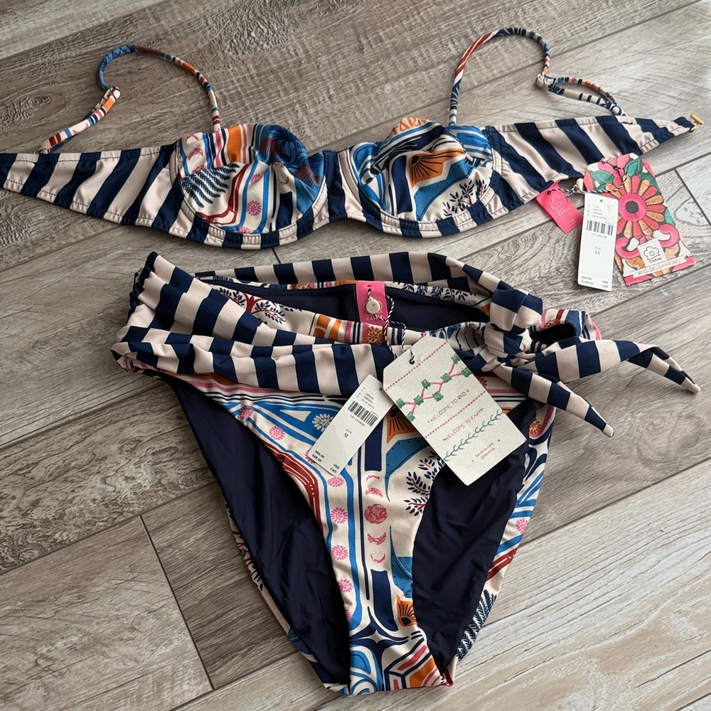 FARM Rio Navy, White & Multicolor Striped Floral Bikini Set